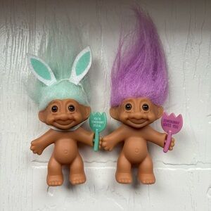 Vintage Russ Easter Bunny Trolls Light Green Purple Haired Dolls 3”